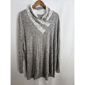 One World top gray lace trim cowl neck tunic Womens Sz XXL long sleeve soft knit
